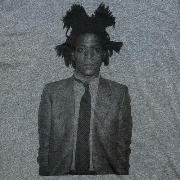 XQSTE Jean-Michel Basquiat T-Shirt Mens Gray Portrait Graphic Print Sz L SLIM - Picture 3 of 6